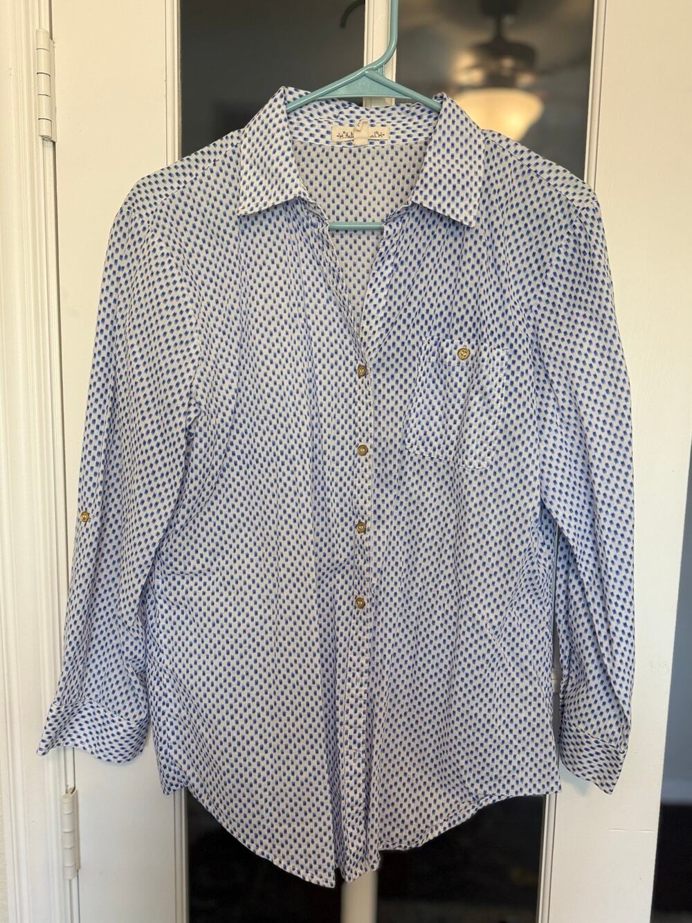 Hester & Orchid Blue White Cotton Button-Down Shirt Large